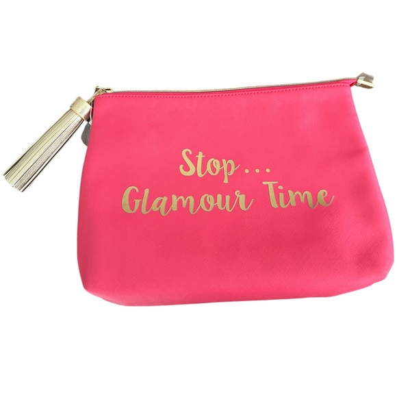 Tassel clutch make up bag “stop…glamour time” hot pink & gold zipper NWT - Picture 1 of 6
